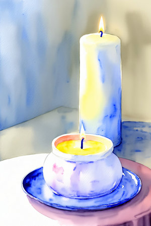A Painting Of A Lit Candle On A Plate. Generative AIの素材