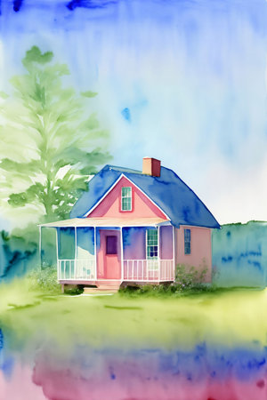 A Painting Of A Pink House With A Blue Roof. Generative AIの素材