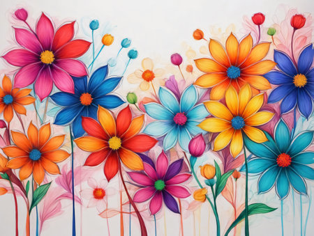 A Painting Of Colorful Flowers On A White Background. Generative AIの素材