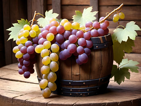 A Bunch Of Grapes Sitting On Top Of A Wooden Barrel. Generative AIの素材