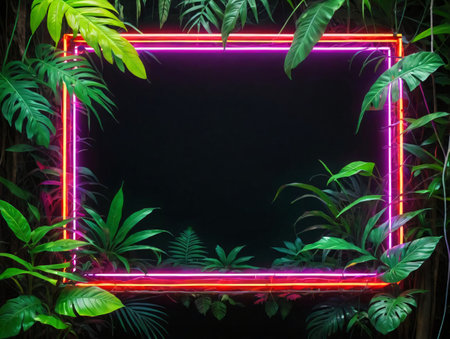 A Neon Frame In The Middle Of A Jungle. Generative AIの素材