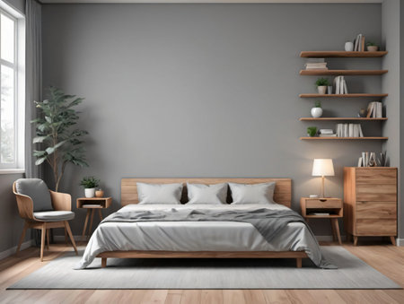 A Bed Sitting In A Bedroom Next To A Window. Generative AIの素材