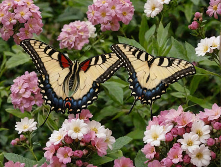 Two Butterflies Sitting On Top Of Pink Flowers. Generative AIの素材