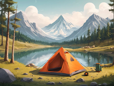 A Tent Pitched Up Next To A Lake With Mountains In The Background. Generative AIの素材