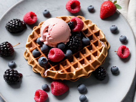 A Waffle Topped With Berries, Raspberries And A Scoop Of Ice Cream. Generative AIの素材