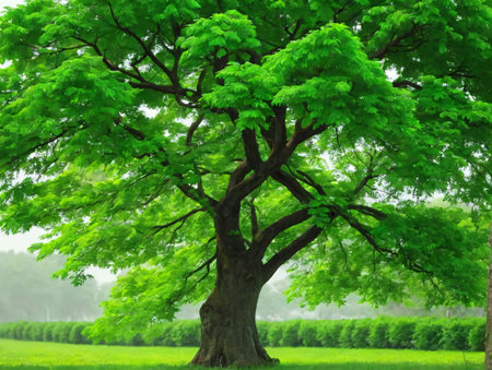 A Large Green Tree Sitting On Top Of A Lush Green Field. Generative AIの素材