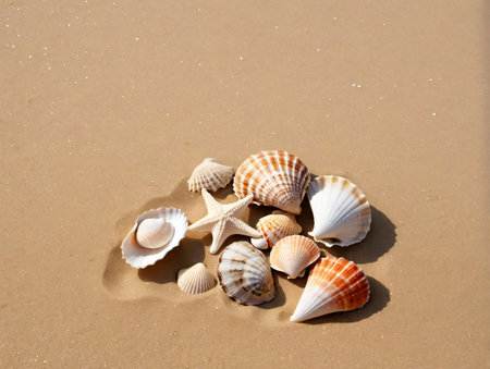 A Group Of Sea Shells On A Sandy Beach. Generative AIの素材
