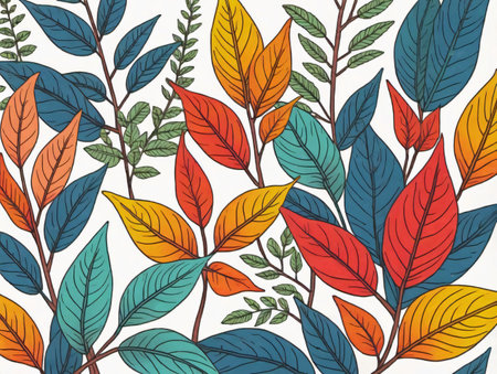 A Painting Of Colorful Leaves On A White Background. Generative AIの素材