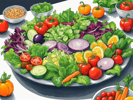 A Painting Of A Plate Of Vegetables On A Table. Generative AIの素材