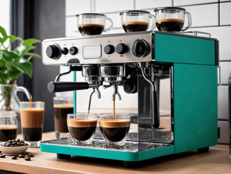 A Close Up Of A Coffee Machine On A Table. Generative AIの素材