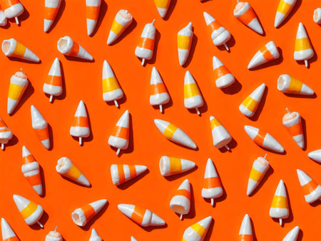 A Lot Of Candy Corn On An Orange Background. Generative AIの素材