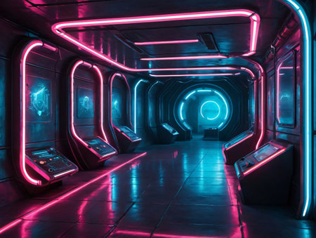 A Tunnel With Neon Lights And A Cell Phone. Generative AIの素材