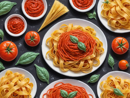 A Table Topped With Plates Of Pasta And Sauce. Generative AIの素材