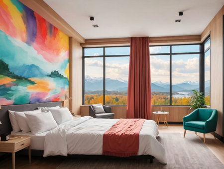 A Bedroom With A Large Painting On The Wall. Generative AIの素材