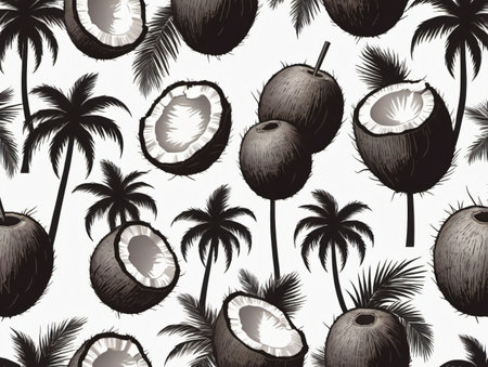 A Pattern Of Coconuts And Palm Trees On A White Background. Generative AIの素材