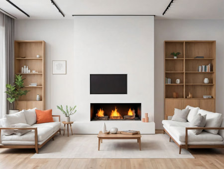 A Living Room Filled With Furniture And A Fire Place. Generative AIの素材