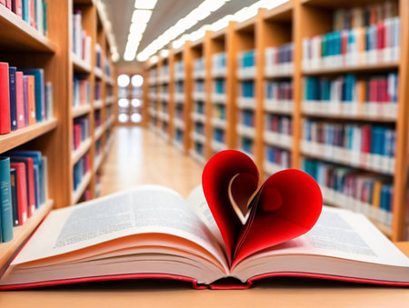 A Book With A Heart Cut Out Of It In A Library. Generative AIの素材