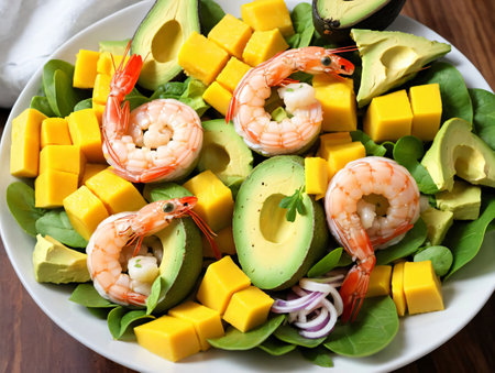 A White Plate Topped With Avocado And Shrimp. Generative AIの素材