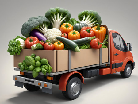 A Red Truck Filled With Lots Of Vegetables. Generative AIの素材