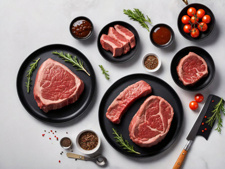 A Couple Of Steaks Sitting On Top Of Black Plates. Generative AIの素材