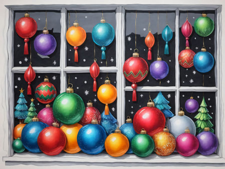 A Painting Of Christmas Ornaments On A Window Sill. Generative AIの素材
