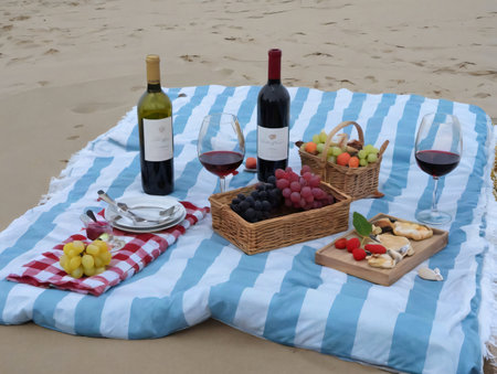 A Couple Of Bottles Of Wine Sitting On Top Of A Blue And White Blanket. Generative AIの素材