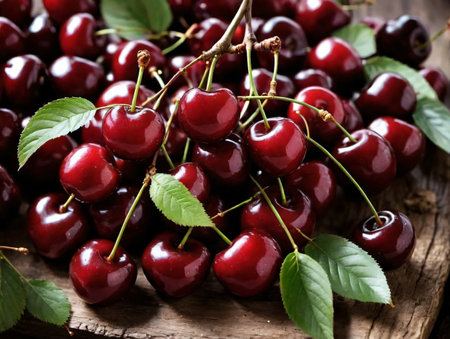 A Pile Of Cherries Sitting On Top Of A Wooden Table. Generative AIの素材