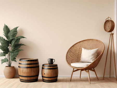 A Room With A Chair, Potted Plant And Two Wooden Barrels. Generative AIの素材
