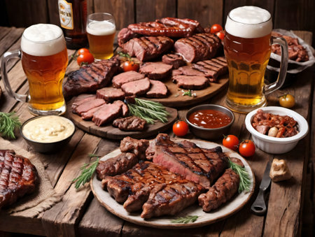 A Wooden Table Topped With Plates Of Food And Glasses Of Beer. Generative AIの素材