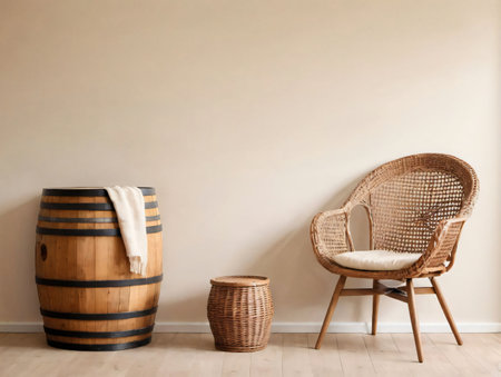 A Wicker Chair Sitting Next To A Wooden Barrel. Generative AIの素材