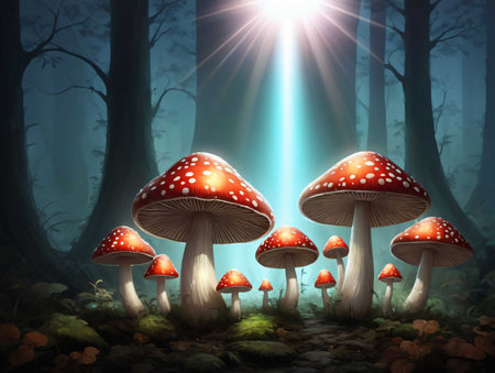 A Group Of Mushrooms Sitting In The Middle Of A Forest. Generative AIの素材
