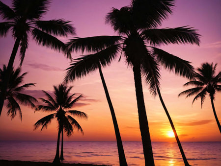 Palm Trees Are Silhouetted Against A Sunset Over The Ocean. Generative AIの素材