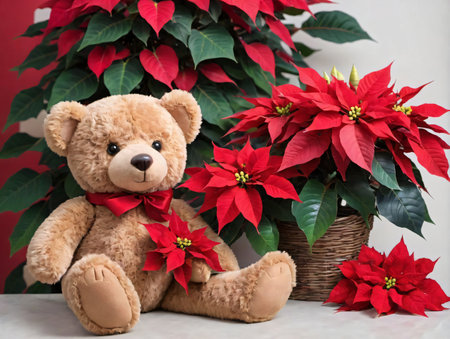 A Teddy Bear Sitting Next To A Basket Of Poins. Generative AIの素材