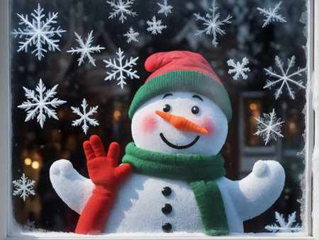 Snowman In A Window. Generative AIの素材