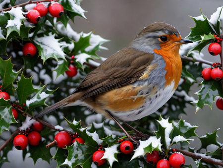 A Bird Sitting On A Branch Of A Tree With Red Berries. Generative AIの素材