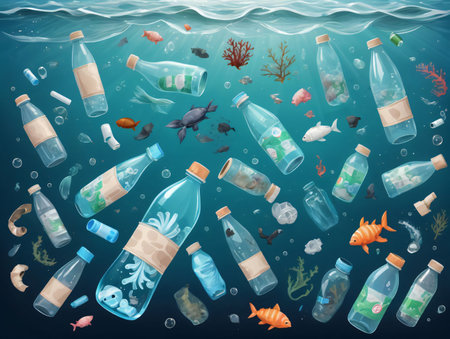 A Group Of Plastic Bottles Floating In The Ocean. Generative AIの素材