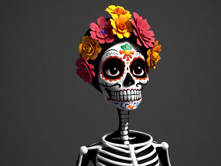 A Skeleton With Flowers On Its Head. Generative AIの素材