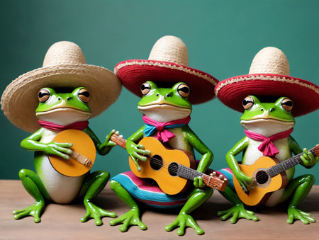 Three Frogs In Sombre Hats Playing Guitar. Generative AIの素材