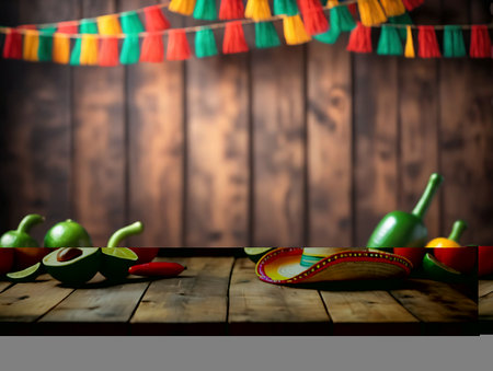 A Wooden Table Topped With A Hat, A Taco, A Taco, A Taco, A Taco, A Taco, A Taco. Generative AIの素材