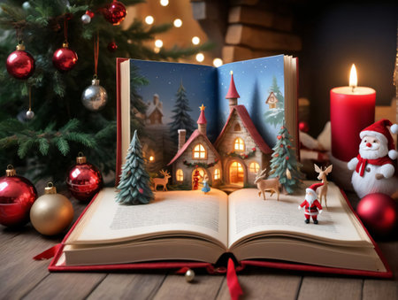 Christmas Book With A Christmas Scene And A Christmas Tree. Generative AIの素材