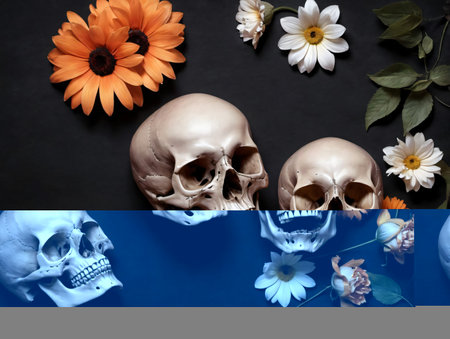 Three Skulls And Flowers On A Black Background. Generative AIの素材