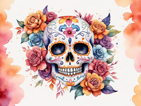 Watercolor Skull With Roses. Generative AIの素材