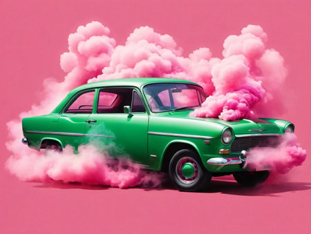 A Green Car With Pink Smoke Coming Out Of It. Generative AIの素材