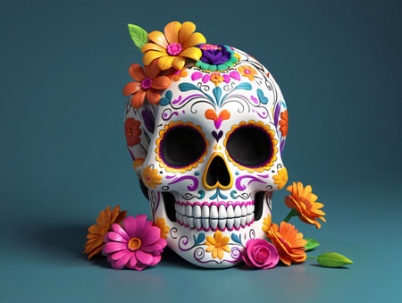 A Skull With Flowers On It. Generative AIの素材