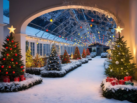A Snowy Scene With Christmas Trees And Lights. Generative AIの素材