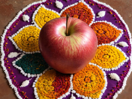 A Red Apple Sitting On A Colorfully Decorated Flowered Table. Generative AIの素材