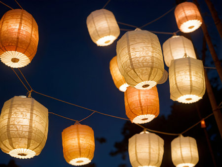 A Bunch Of Paper Lanterns Hanging From A String. Generative AIの素材