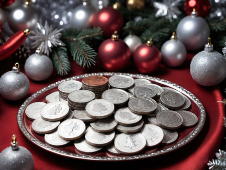 A Plate Of Silver Coins On A Red Table. Generative AIの素材