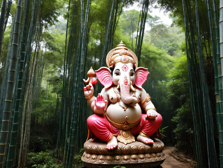 A Statue Of A Gan Gan Gan In A Bamboo Forest. Generative AIの素材