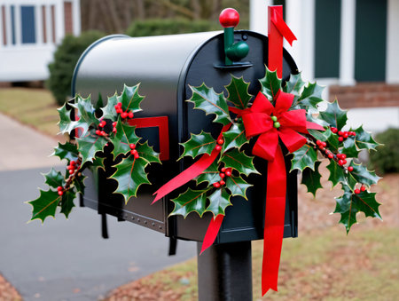 A Christmas Wreath On A Mailbox. Generative AIの素材